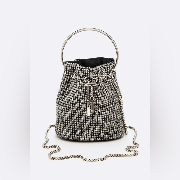Grey Rhinestone Covered Bucket Swing Handle Handbag Purse - Picture 1 of 2